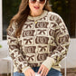 Brown Bow Horseshoe Print Checkered Plus Size Sweater