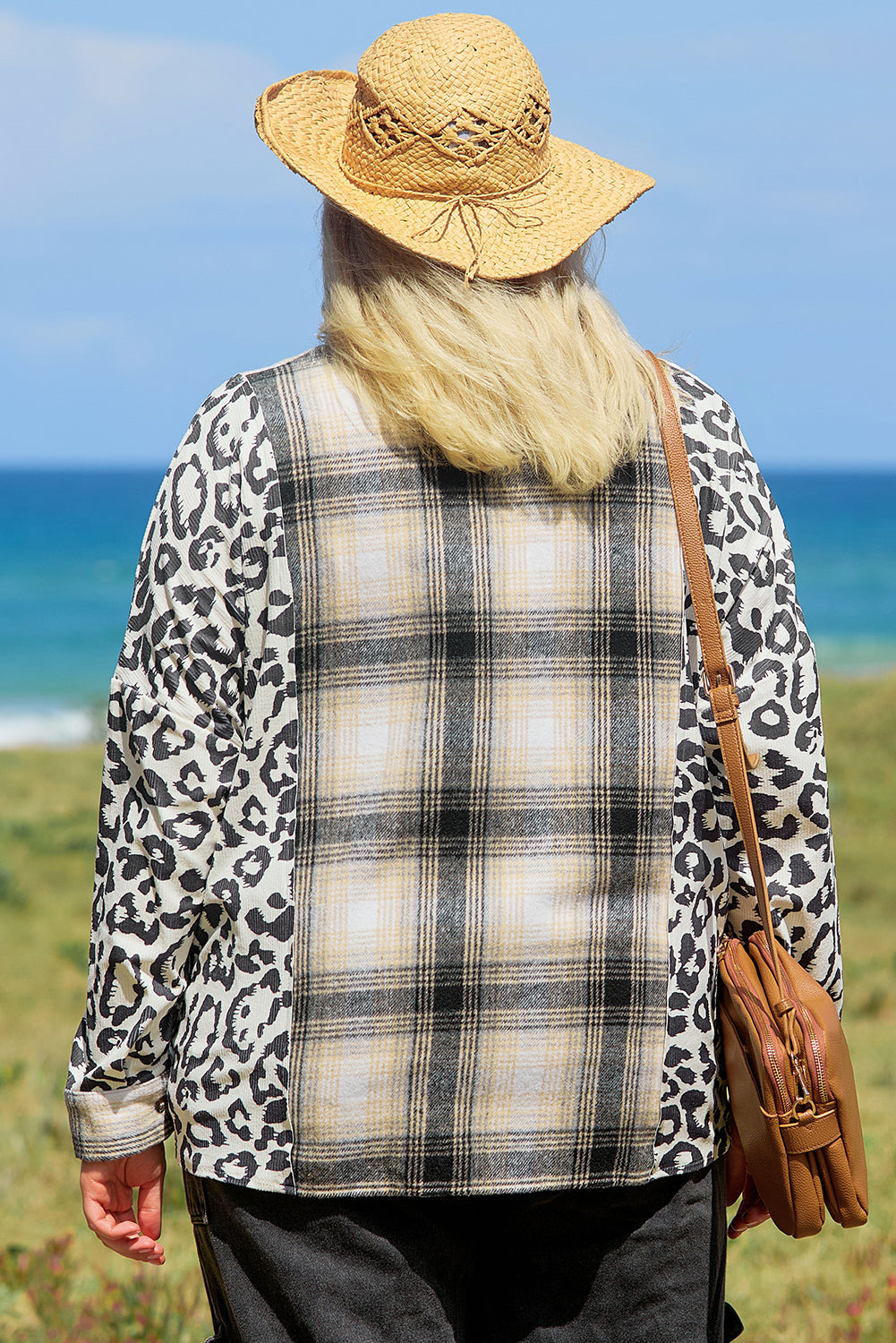 Black Plus Size Plaid Leopard Printed Patchwork Button Up Jacket