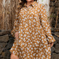Khaki Plus Size Daisy Floral Print Button Split Neck Puff Sleeve Dress