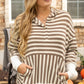 Brown Stripe Quarter Buttons Drop Sleeve Plus Size Hoodie