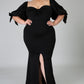 Black Bow Tie Puff Sleeve Plus Size High Slit Maxi Dress