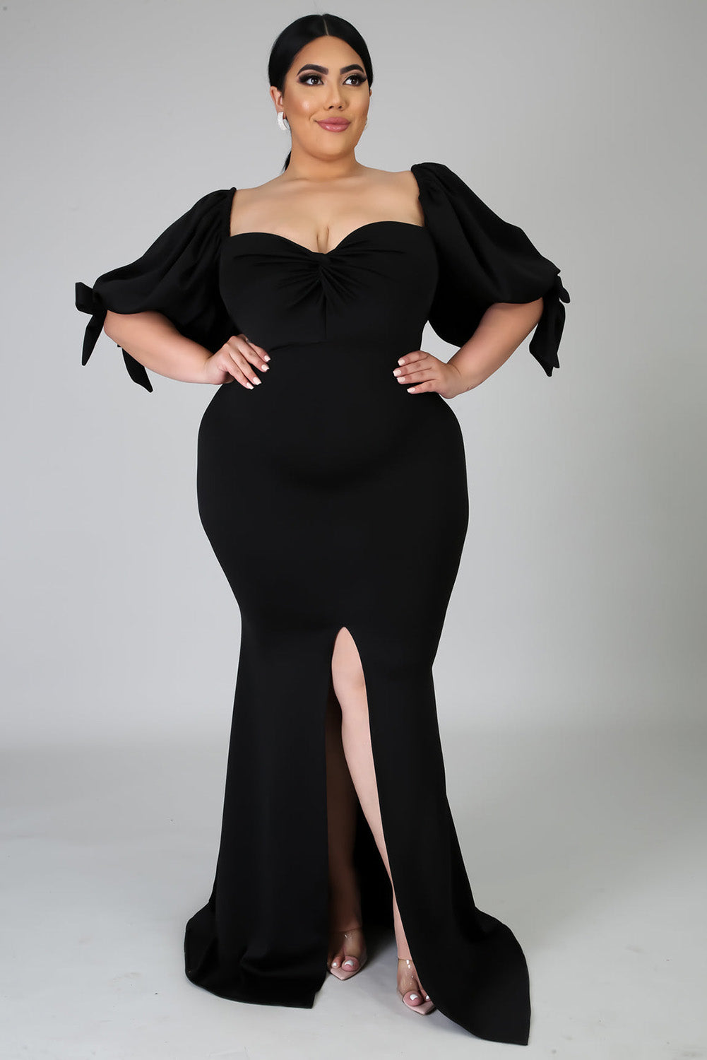 Black Bow Tie Puff Sleeve Plus Size High Slit Maxi Dress