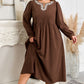 Coffee Embroidered Notched Neckline Textured Pleated High Waist Plus Size Midi Dress