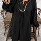 Black Plus Size Notched Neck Leopard Trim Flounce Long Sleeve Shift Dress