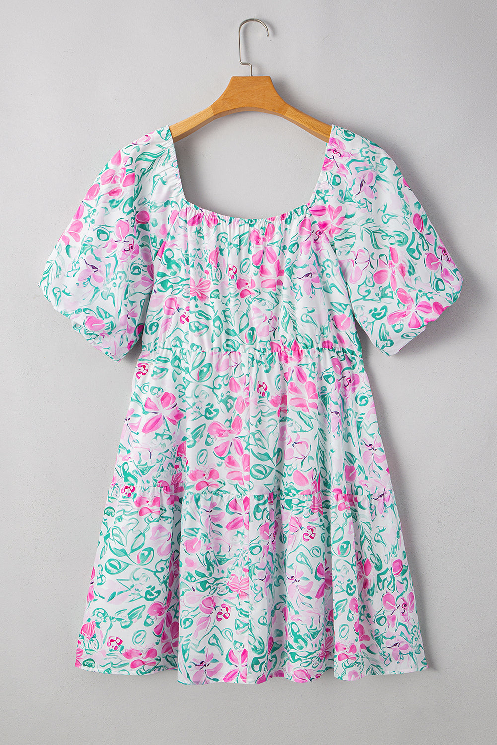 White Floral Print Ric-rac Trim Square Neck Plus Size Mini Dress