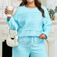 Aruba Blue Plus Size Solid Color Splicing Raw Hem Pullover Top Shorts Set