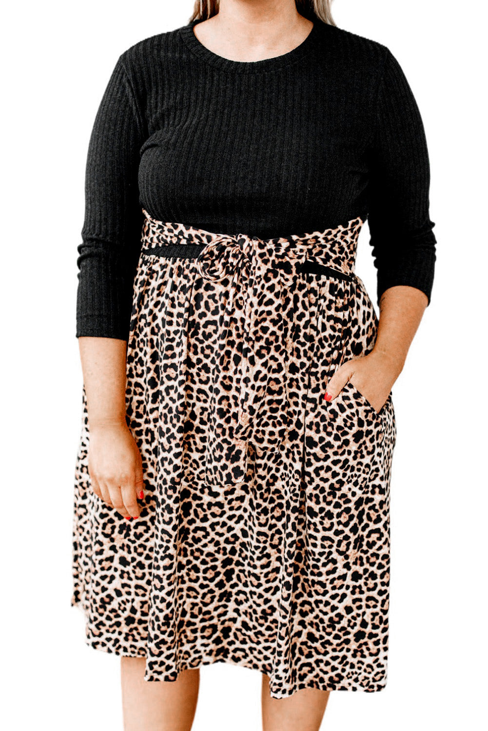 Black Ribbed Knit Leopard Plus Size Midi Dress