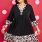 Black Plus Size Leopard Patchwork V Neck 3/4 Sleeve Ruffle Hem Mini Dress