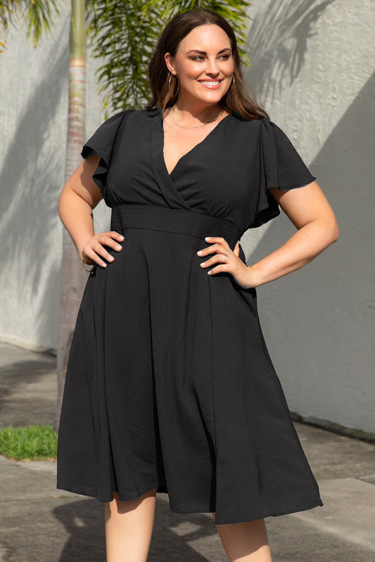 Black Plus Size Flutter Sleeve V Neck Midi Dress