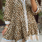 Khaki Plus Size Leopard Print Striped Trim V Neck Drop Waist Long Sleeve Mini Dress