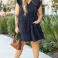 Navy Blue Collared V Neck Flutter Sleeve Tiered Plus Size Dress