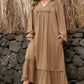 Chestnut Smocked V Neckline Leopard Piping Accent Bracelet Plus Size Long Dress