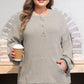 Simply Taupe Plus Size Ribbed Knit Kangaroo Pocket Henley Long Sleeve Top