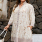 Khaki Plus Size Floral Print Striped Trim Patchwork Button Down A-line Dress