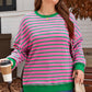 Pink Stripe Waffle Knit Crew Neck Plus Size Sweatshirt