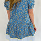 Blue Plus Size Floral Print Striped Patchwork Detail Button Front Ruffle Hem Dress