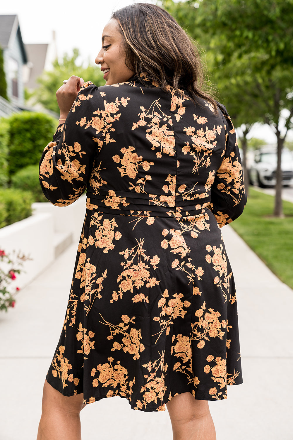 Black Plus Size Cut-out Neckline Long Sleeve Floral Dress