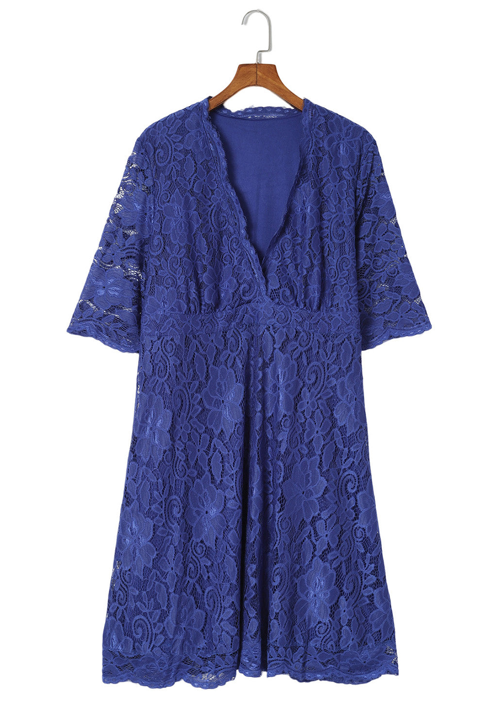 Blue Plus Size Half Sleeve Lined Lace Midi Dress