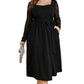 Black Plus Size Sheer Lace Sleeve Belted Ruffle Midi Dress