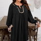 Black Plus Size Notched Neck Leopard Trim Flounce Long Sleeve Shift Dress