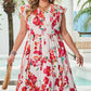 Pink Floral Print V Neck Ruffle Sleeve Plus Size Midi Dress