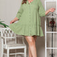 Green Textured Ruffled Buttoned V Neck Plus Size Mini Dress