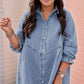 Light Blue Ruffled 3/4 Sleeve Buttoned Front Plus Size Denim Dress