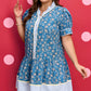 Blue Plus Size Floral Print Striped Patchwork Detail Button Front Ruffle Hem Dress
