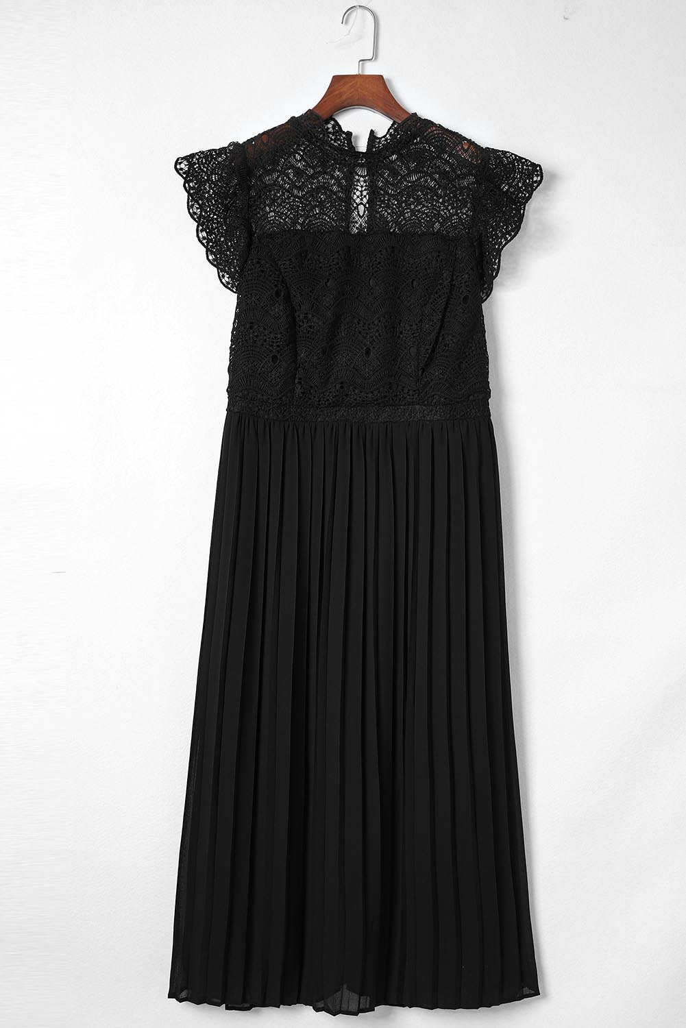 Black Plus Size Lace Bodice High Neck Flowy Pleated Dress