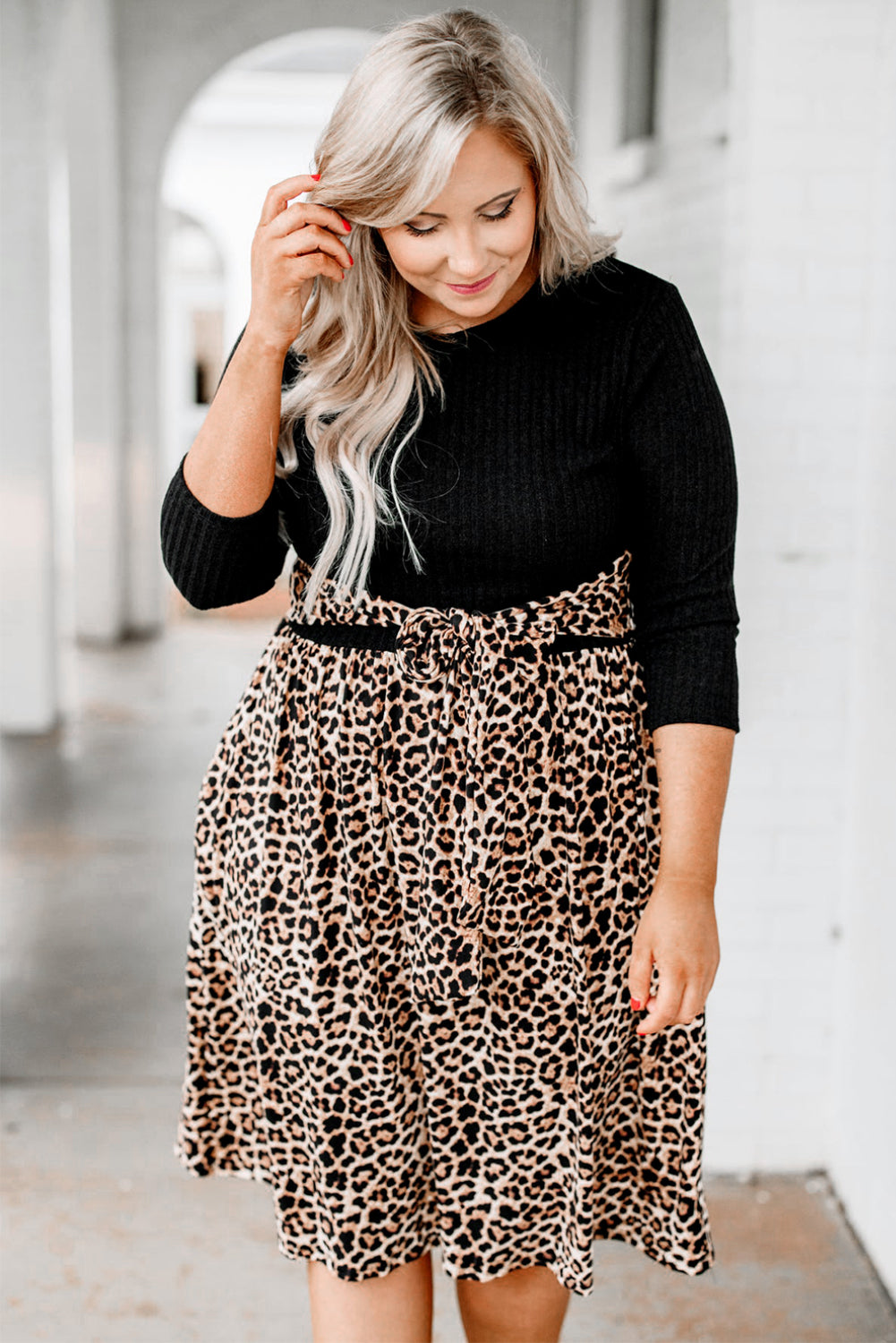 Black Ribbed Knit Leopard Plus Size Midi Dress