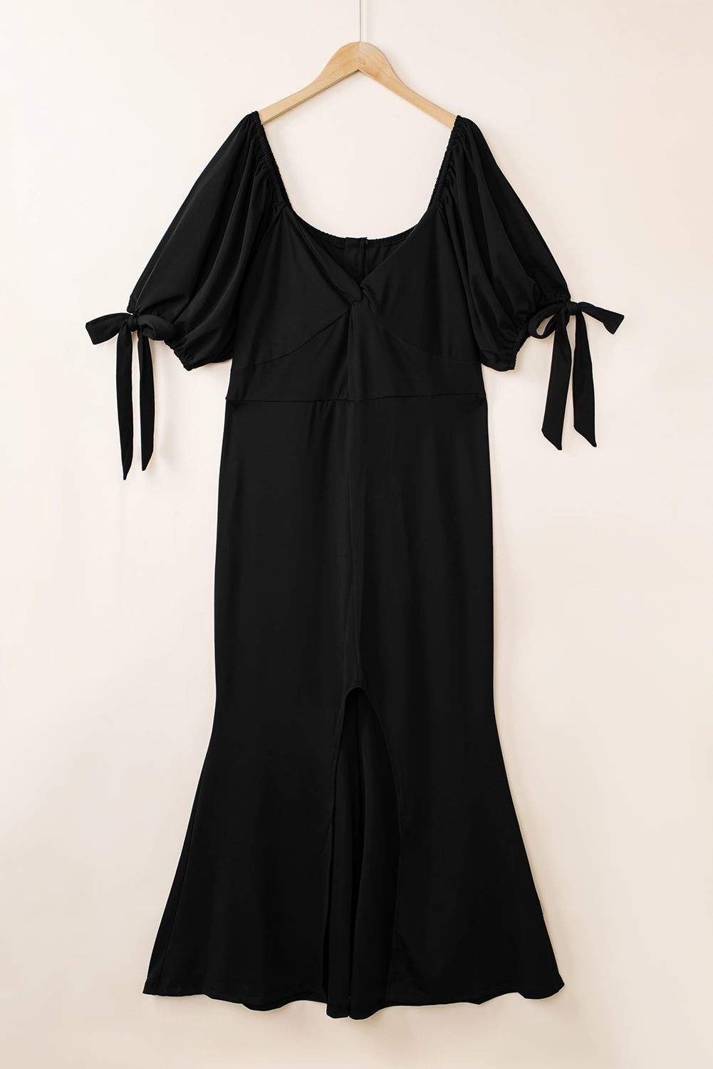 Black Bow Tie Puff Sleeve Plus Size High Slit Maxi Dress