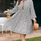 Khaki Plus Size Button V Neck Leopard Print Puff Sleeve Loose Mini Dress