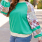 Sky Blue Plus Size Plaid Floral Patchwork Raglan Sleeve Sweatshirt