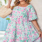 White Floral Print Ric-rac Trim Square Neck Plus Size Mini Dress