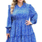 Blue Plus Size Spotted Print Split Neck Ruffle Mini Dress