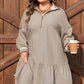 Khaki Stripe Zip up Collared Puff Sleeve Ruffled Plus Size Mini Dress