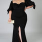 Black Bow Tie Puff Sleeve Plus Size High Slit Maxi Dress