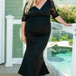 Black Lace Patchwork 3/4 Sleeve Pleated Plus Size Dress