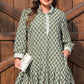 Green Contrast Striped Frilled Collar 3/4 Sleeve Plus Size Floral Dress