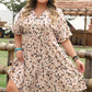 Beige Printed Surplice V Neck Cuffed Sleeve Empire Waist Plus Size Dress
