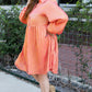 Peach Blossom Metallic Balloon Sleeve Shirt Plus Size Mini Dress