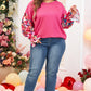 Bright Pink Floral Patchwork Flounce Sleeve Rib Knit Plus Top