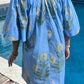 Sky Blue Plus Periwinkle Floral Printed Short Sleeve Striped Trim Split Neck Mini Dress