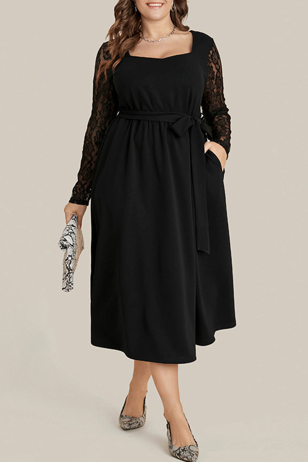 Black Plus Size Sheer Lace Sleeve Belted Ruffle Midi Dress