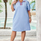 Beau Blue Contrast Striped Trim Zipped Stand Collar Textured Puff Sleeve Plus Size T Shirt Dress