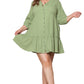 Green Textured Ruffled Buttoned V Neck Plus Size Mini Dress