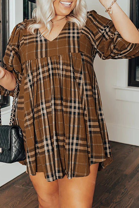 Brown Printed Plaid V Neck Plus Size Babydoll Dress