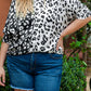 Black Plus Size Contrast Leopard Half Sleeve Blouse