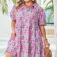 Pink Plus Size Floral Half Button Short Puff Sleeve A-line Dress