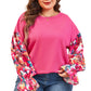 Bright Pink Floral Patchwork Flounce Sleeve Rib Knit Plus Top